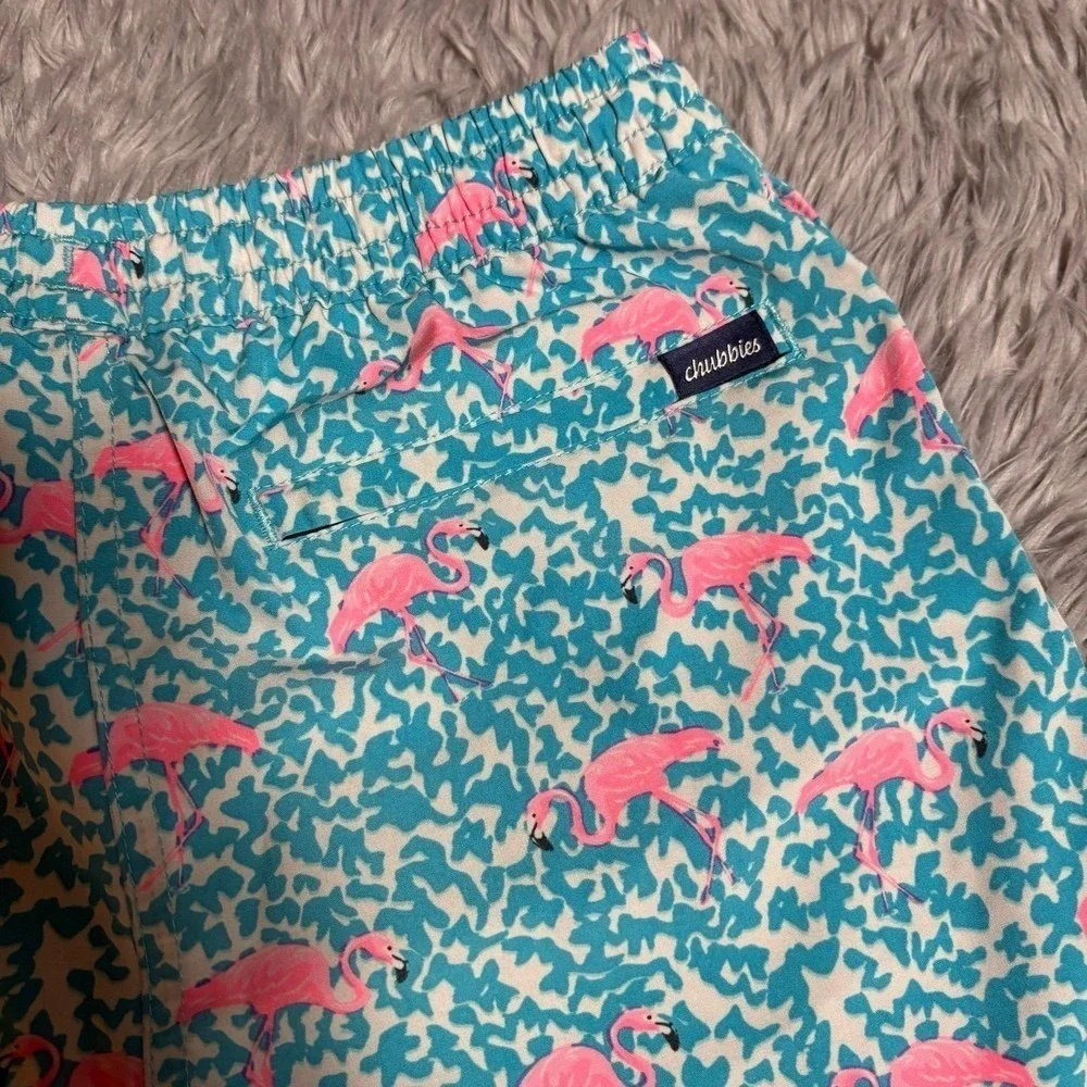Chubbies Swim Trunks Teal Pink Flamingos Boys Youth Small 8/9 Summer Bright